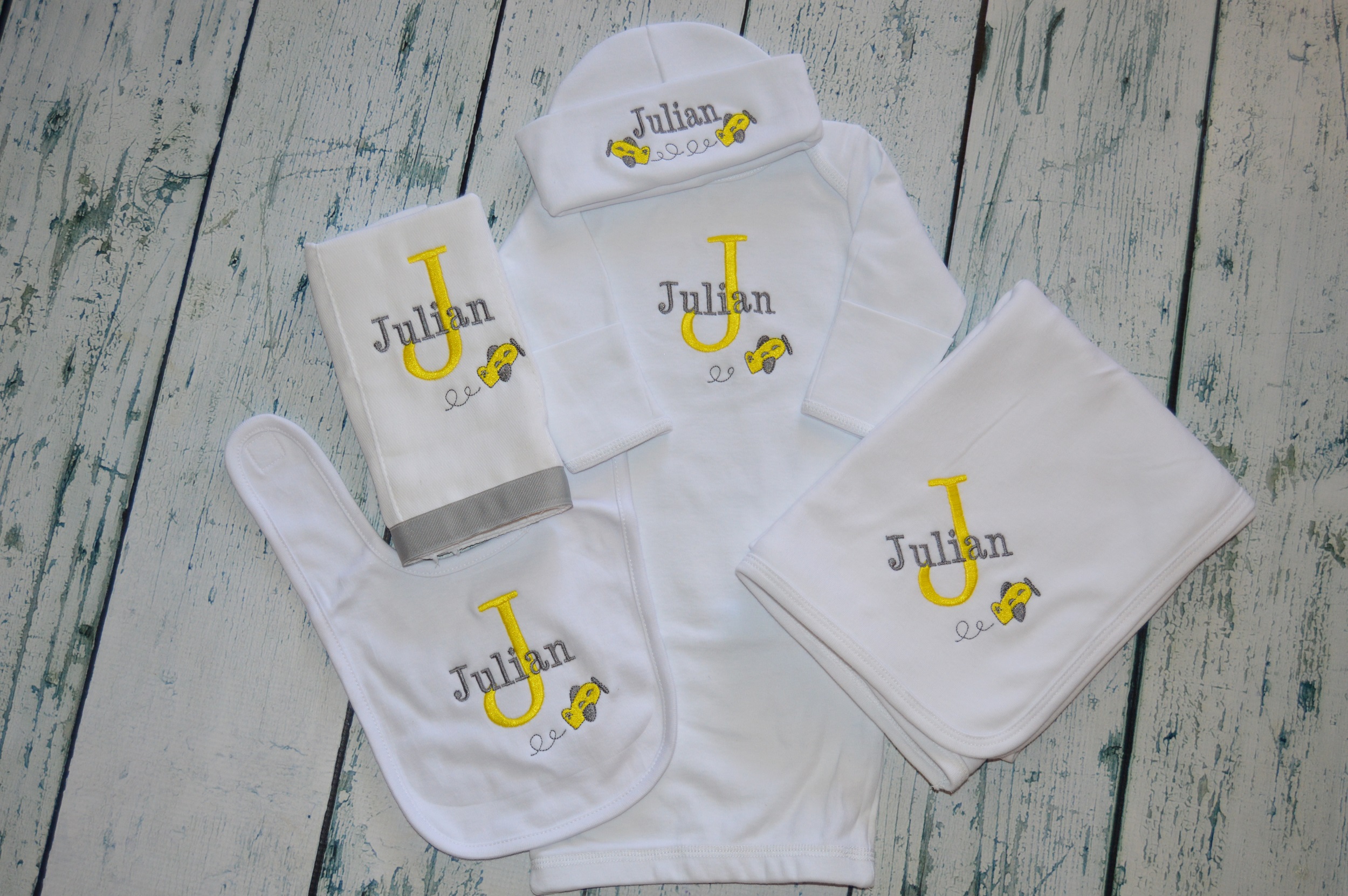 Great Gift! Grey and Yellow Personalized Embroidered Burp Cloth and Bib Set 